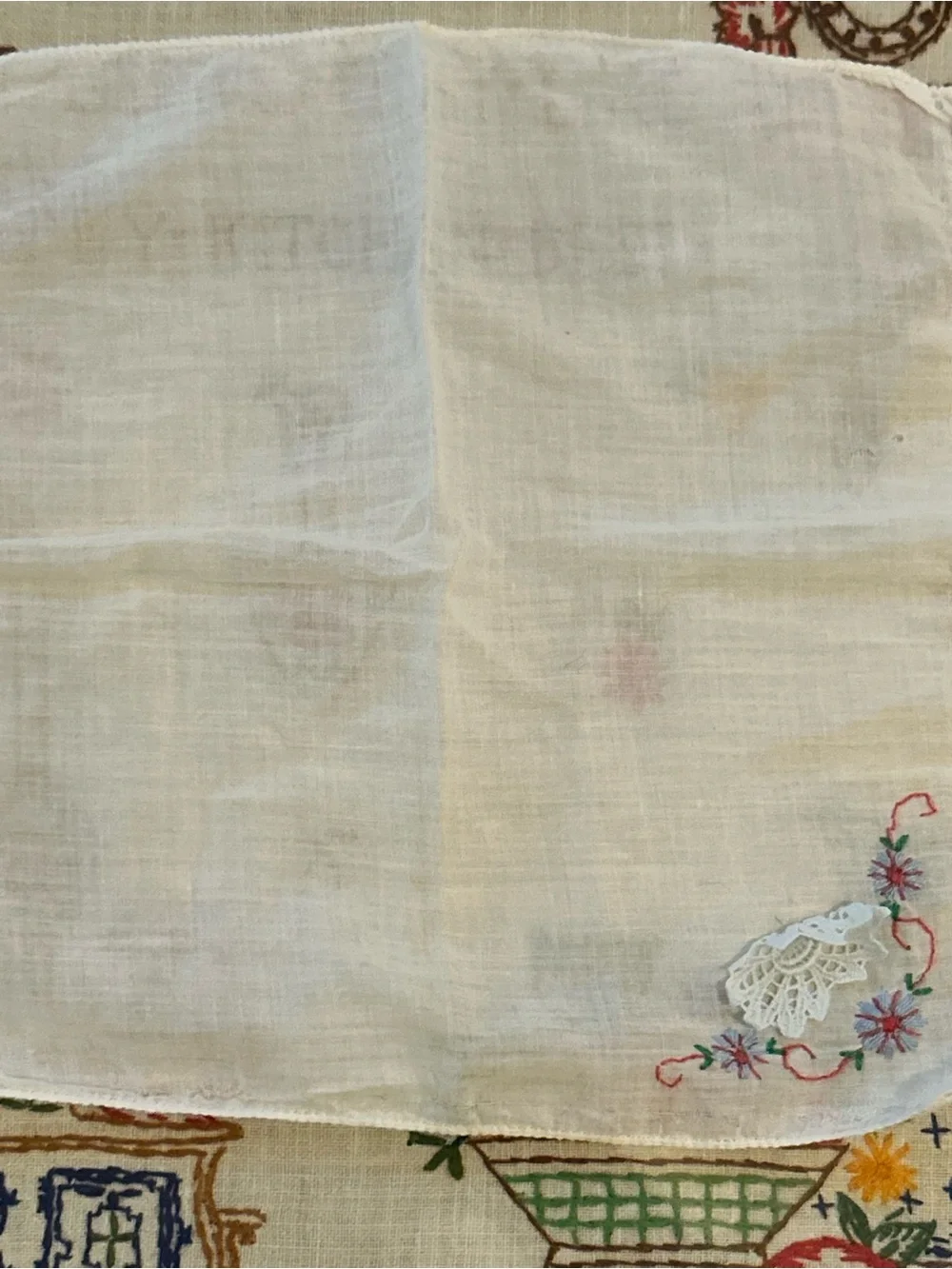 Vintage Hand-Embroidered Floral Linen Hankerchief with Crocheted Lace Accent